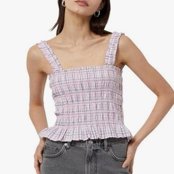French Connection Pink Plaid Smocked Tank Top